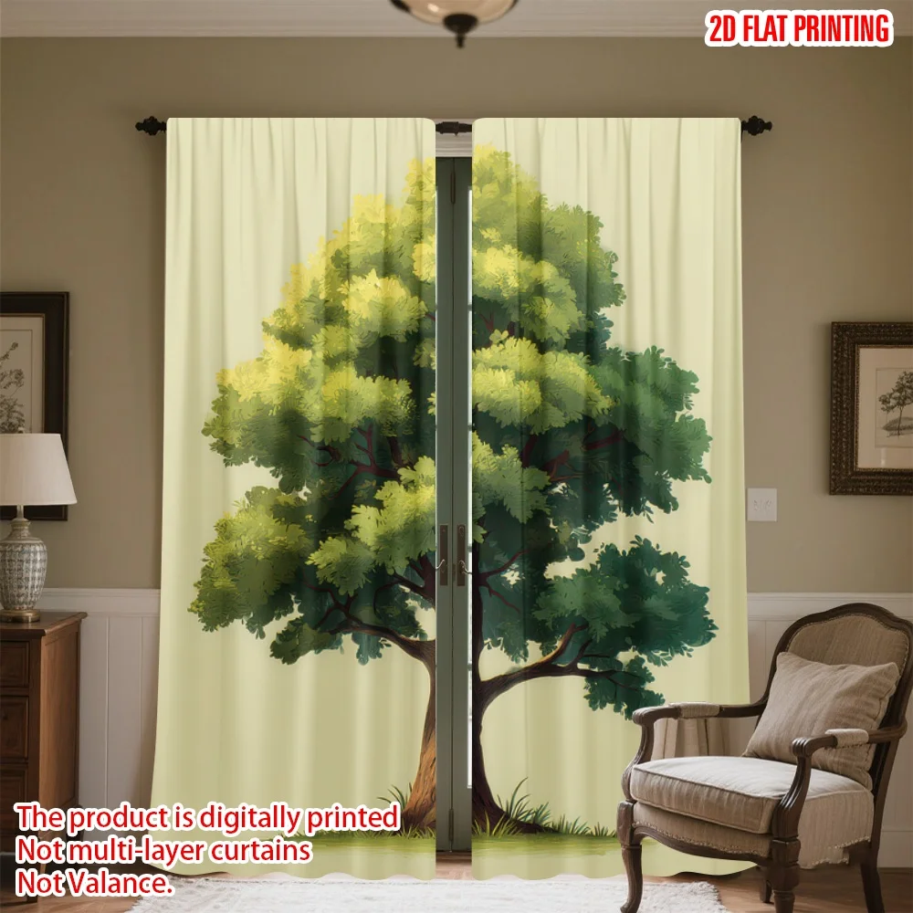 

2D flat printing 2pcs Curtains Lush Green Tree Digital Printed Polyester Drapes Family Party Use for living room decor for