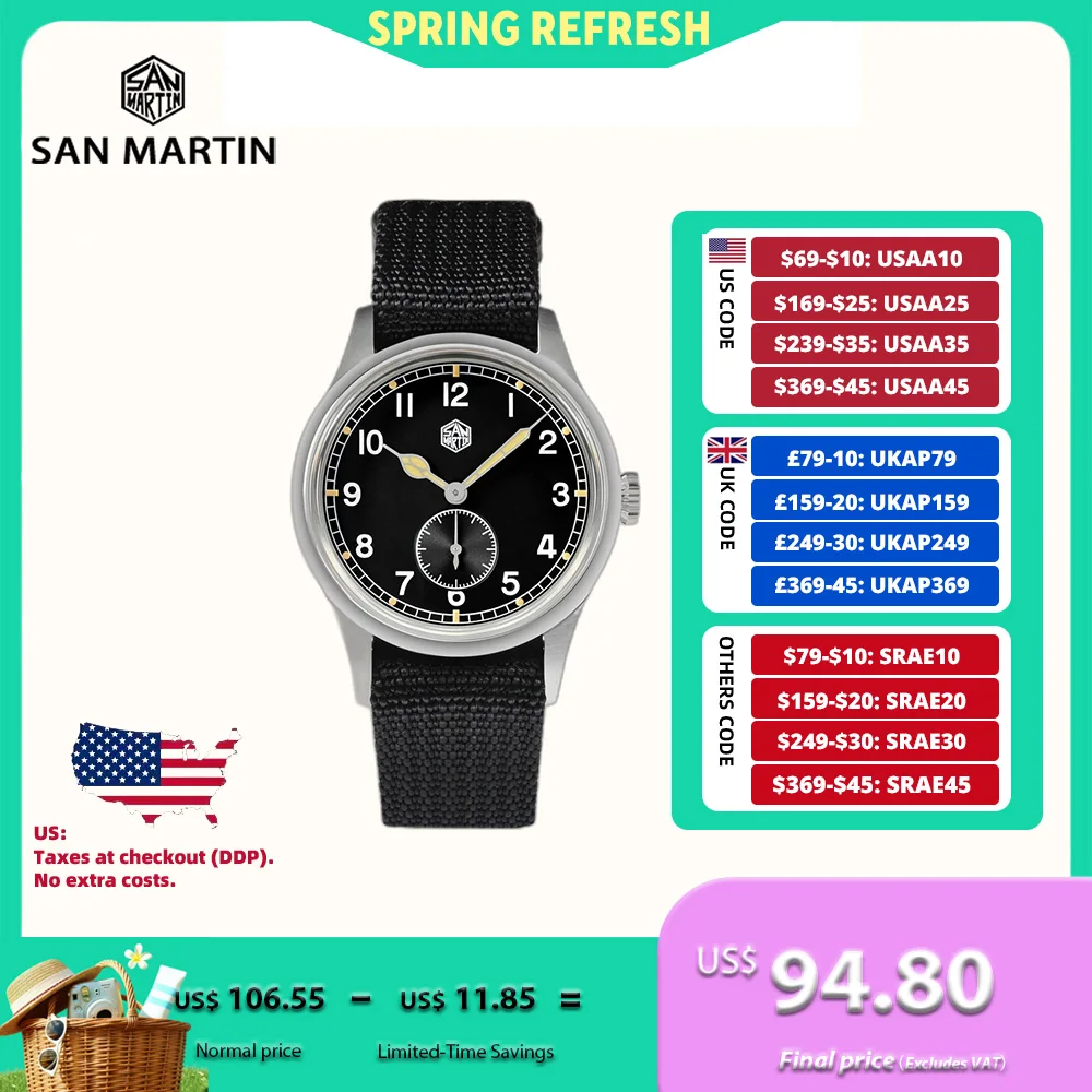 

San Martin 36mm Pilot Quartz Watch RONDA 6004 VH31 For Men Wristwatch Nylon Strap Luminous Military Orologio Uomo 10Bar SN0105XA