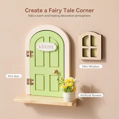 Wooden Elf Door Set Cartoon Room Decor Dollhouse Character Stickers Fairytale-Style Balcony Decor Hanging Ornaments Gift
