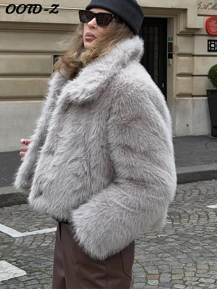 Elegancka krótka kurtka z imitacji futra damska miejska jednolita z klapami otwarte szwy pełne rękawy płaszcze damska jesienno-zimowa moda odzież wierzchnia