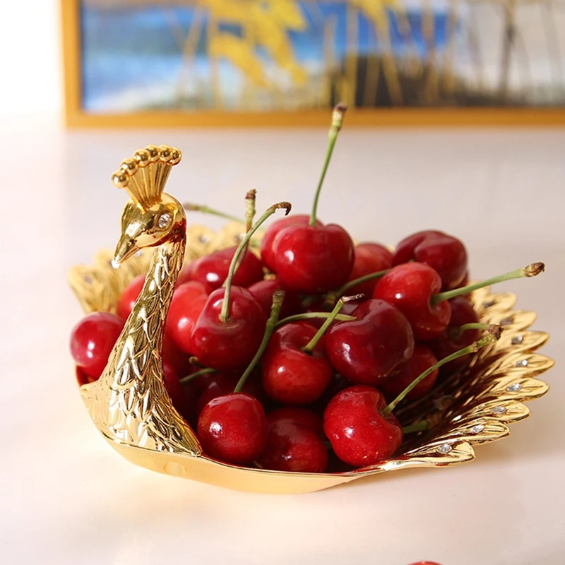 1 PCS Peacocks Fruit Plate Metal Tray Dish Gold Metal For Candy Trinket Jewelry Snack Tray Serving Home Decor