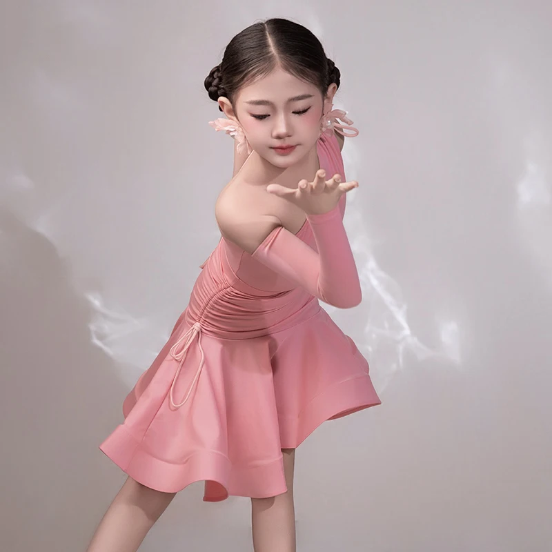 Estate Bambini Abiti da ballo latino Ragazze Spalla inclinata Top Gonna con coulisse Abito rosa Abito da pratica Abbigliamento da prestazione BL14803