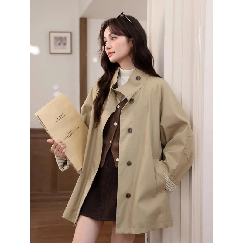 

ALXNAN Короткий плащ цвета хаки с карманами и воротником-стойкой, пояс, осенняя верхняя одежда, высококачественное водонепроницаемое пальто для пригородных поездок L57538-1