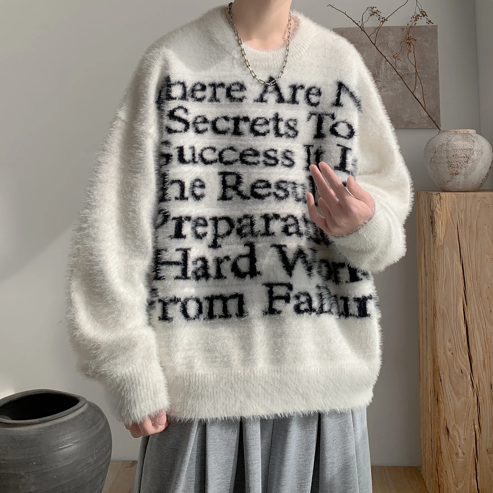 

Мужской весенне-осенний комфортный свободный мягкий шерстяной свитер с модным буквенным принтом, вязаный джемпер в стиле Lazy Sle