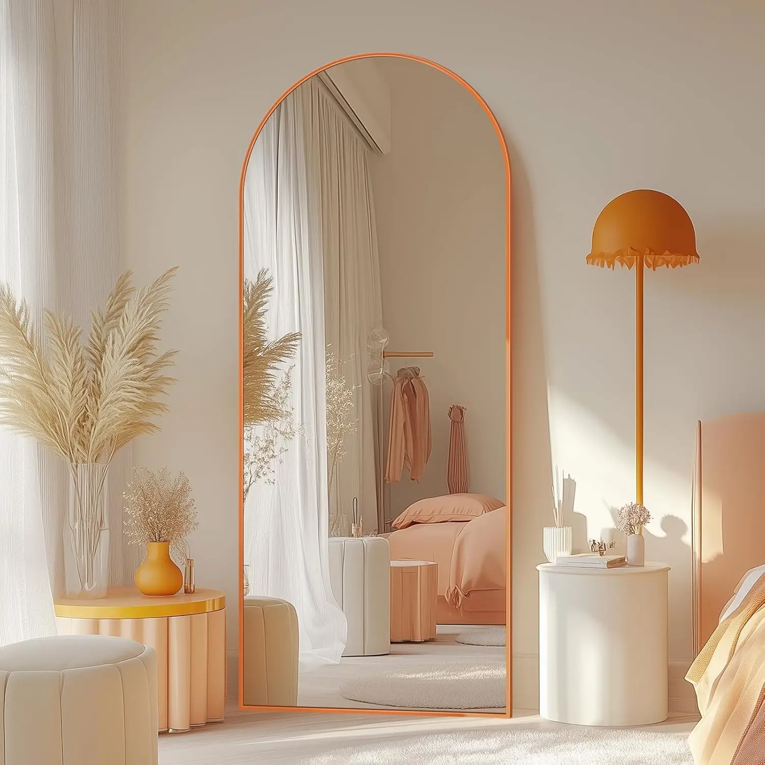 

Зеркало напольное арочное в полный рост, 58 x 18 дюймов, оранжевая алюминиевая рама, можно разместить на полу/крепить на стену/опорить, для спальни, гостиной, гардеробной.