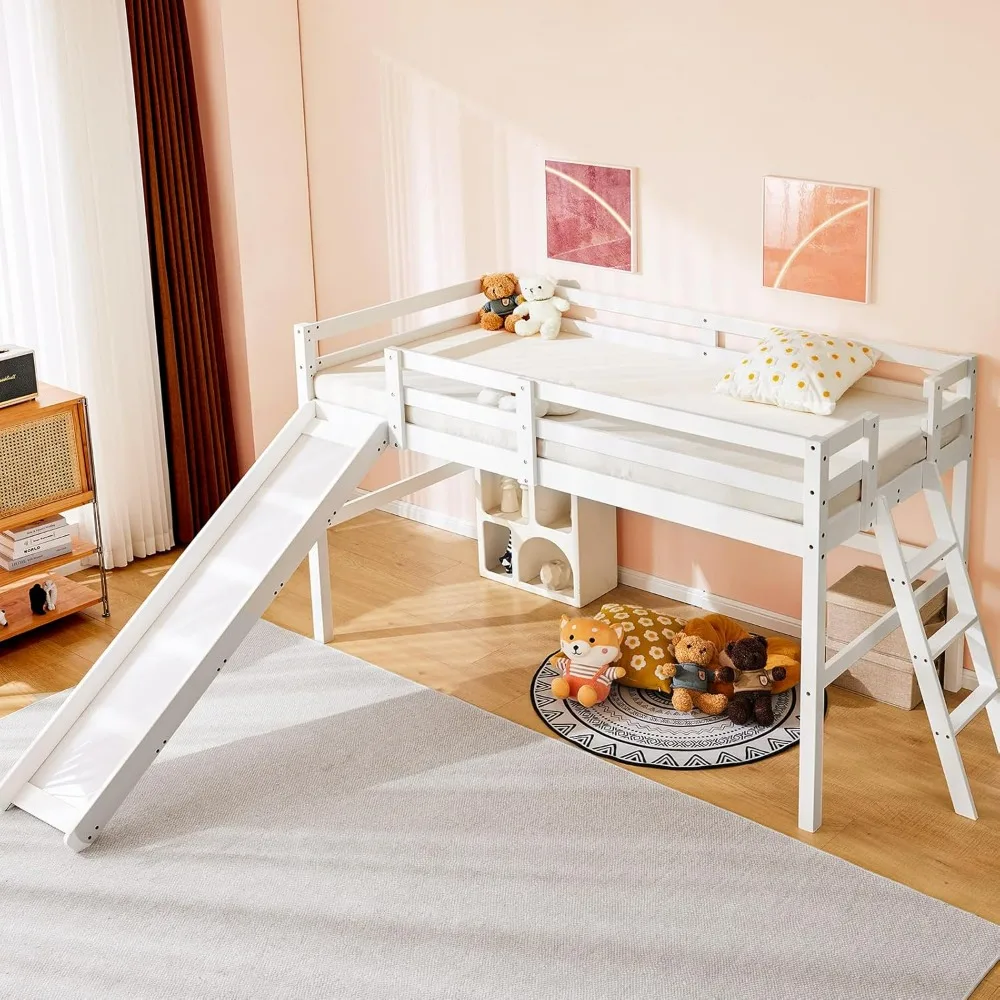 

Loft Bed with Slide, Twin, Space Saving Kids Low Loft Bed with Guardrail and Ladder, Pine Wood and Sturdy Bed Frame for Boys