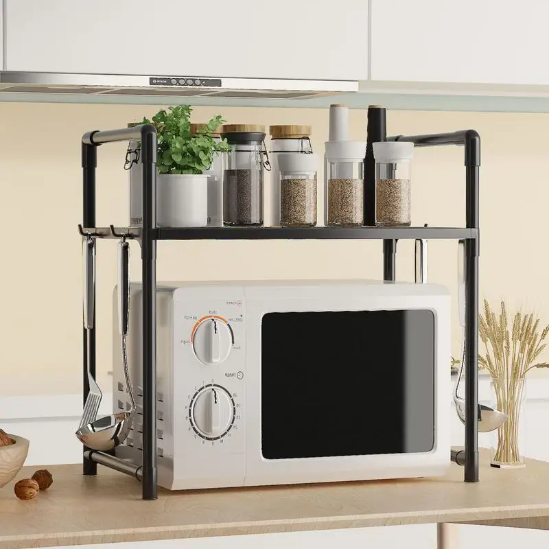 Kitchen Elevated Design Seasoning Rack Microwave Storage Rack Adjustable Countertop Kitchen Shelf Oven Organizer With Hooks