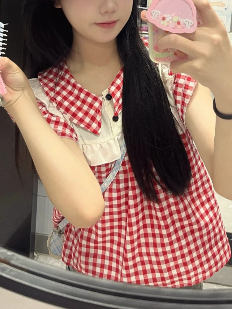 

Blouses Women Japanese Aesthetic Tops Summer Simple Ruffles Chic Blusas Preppy Style Flying Sleeve Sweet Plaid Kawaii Girl Cute