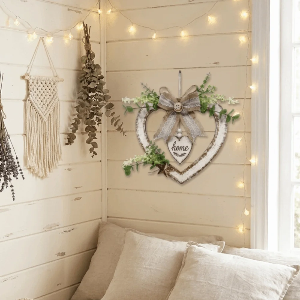 Vintage Heart Shaped Wall Decor Romantic Rustic Rustic Heart Ornament Bow Knot Artificial Plant Heart Wall Decor Home Decor