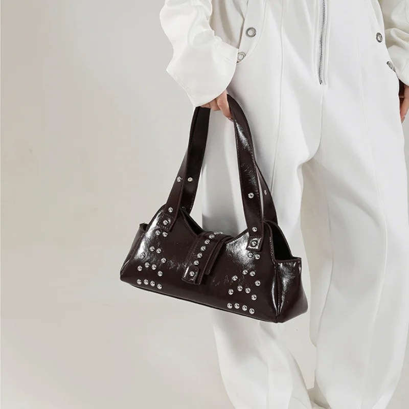 

Street Trend Rivet Bag Genderless Punk Style Motorcycle Rivet Leather Shoulder Bag
