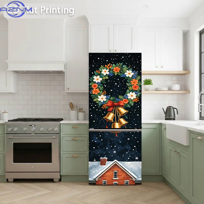 2D Flat Printing 1pc Refrigerator Sticker 60×180cm Christmas Wreath with Bells, Rooftop Snow Scene Refrigerator Decal, Themed