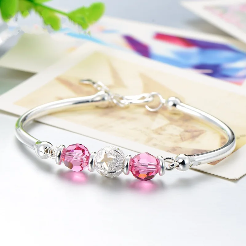 Open silver bracelet, rice-shaped running bead bracelet, crystal bracelet, women's model.