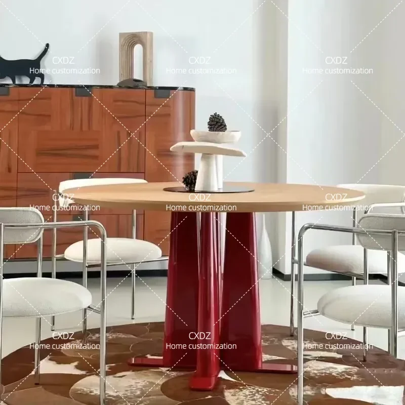 Simple Modern Solid Wood Round Dining Table Antique Style Creative Red Wooden Table for Home Kitchen Restaurant Furniture