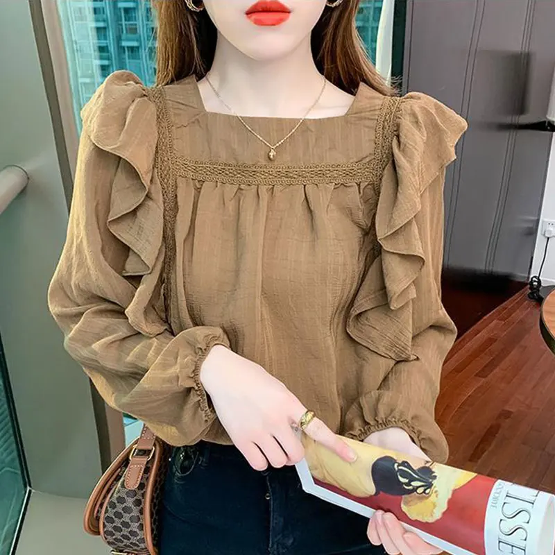 Women\'s Autumn Fashion Simplicity Solid Color Square Collar Long Sleeve Chiffon Shirts Women Clothes All-match Casual Loose Tops