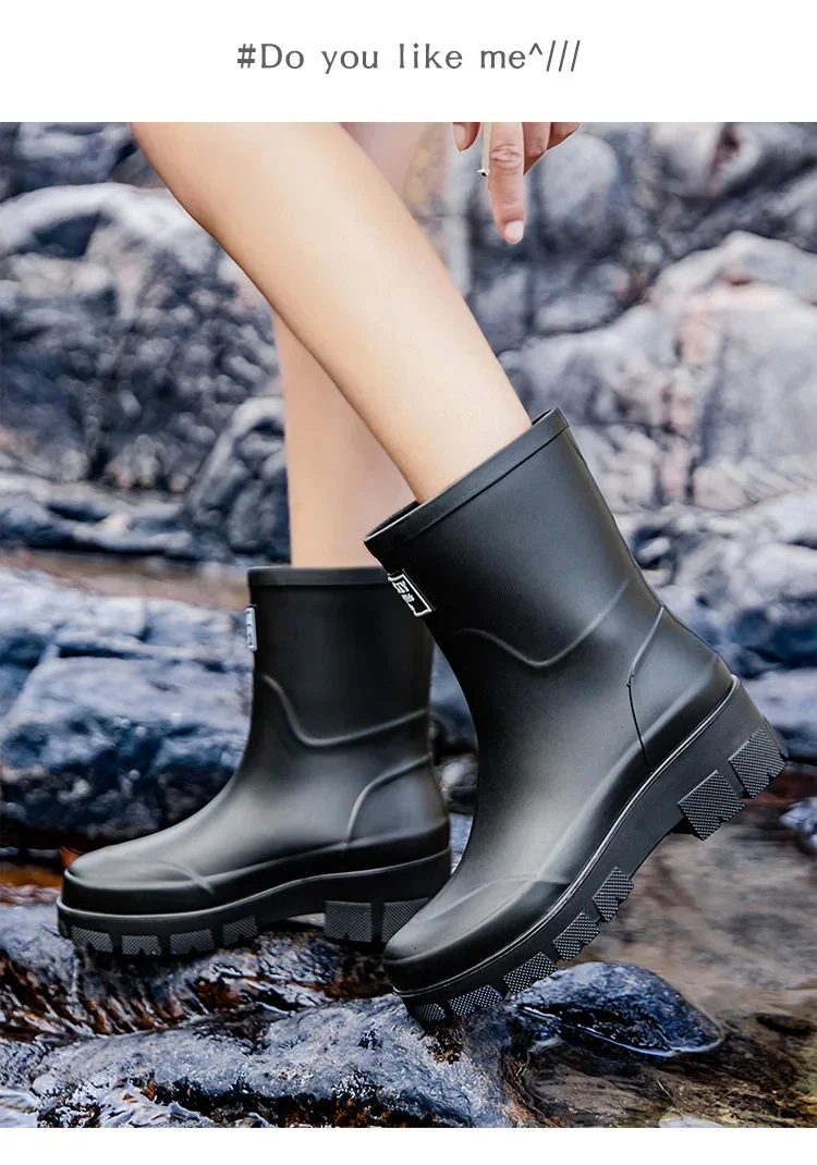 2026 Modische koreanische Damen-Regenstiefel (Wadenhöhe) mit dicker Sohle, verschleißfest, rutschfest, wasserdicht, für die Autowäsche geeignet – Detail 25