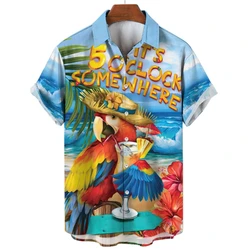 2024 Hawaiian Parrot Coconut Men's Shirts Retro Oversized Fashion Car Casual Floral Short Sleeves Tree Clothing Loose Summer