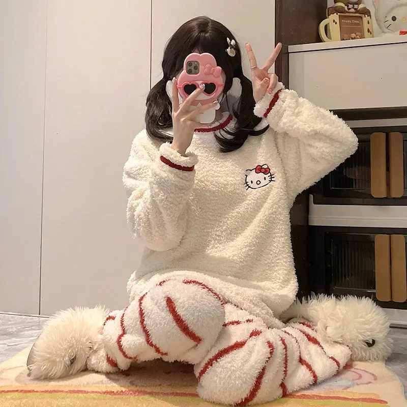 لطيف عارضة مريحة الكرتون HelloKitty نصف المخملية منامة للفتيات الخريف والشتاء سميكة المرجان المخملية الدافئة ملابس المنزل مجموعة #2