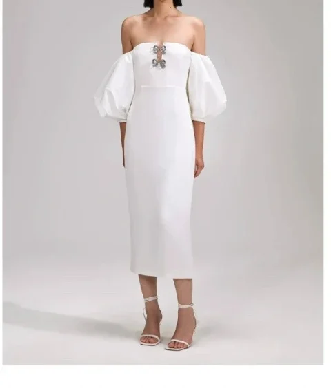 2023 New Sping Summer High Quality White Diamonds Bodycon Elegant Off the Shoulder Woman Midi Dress