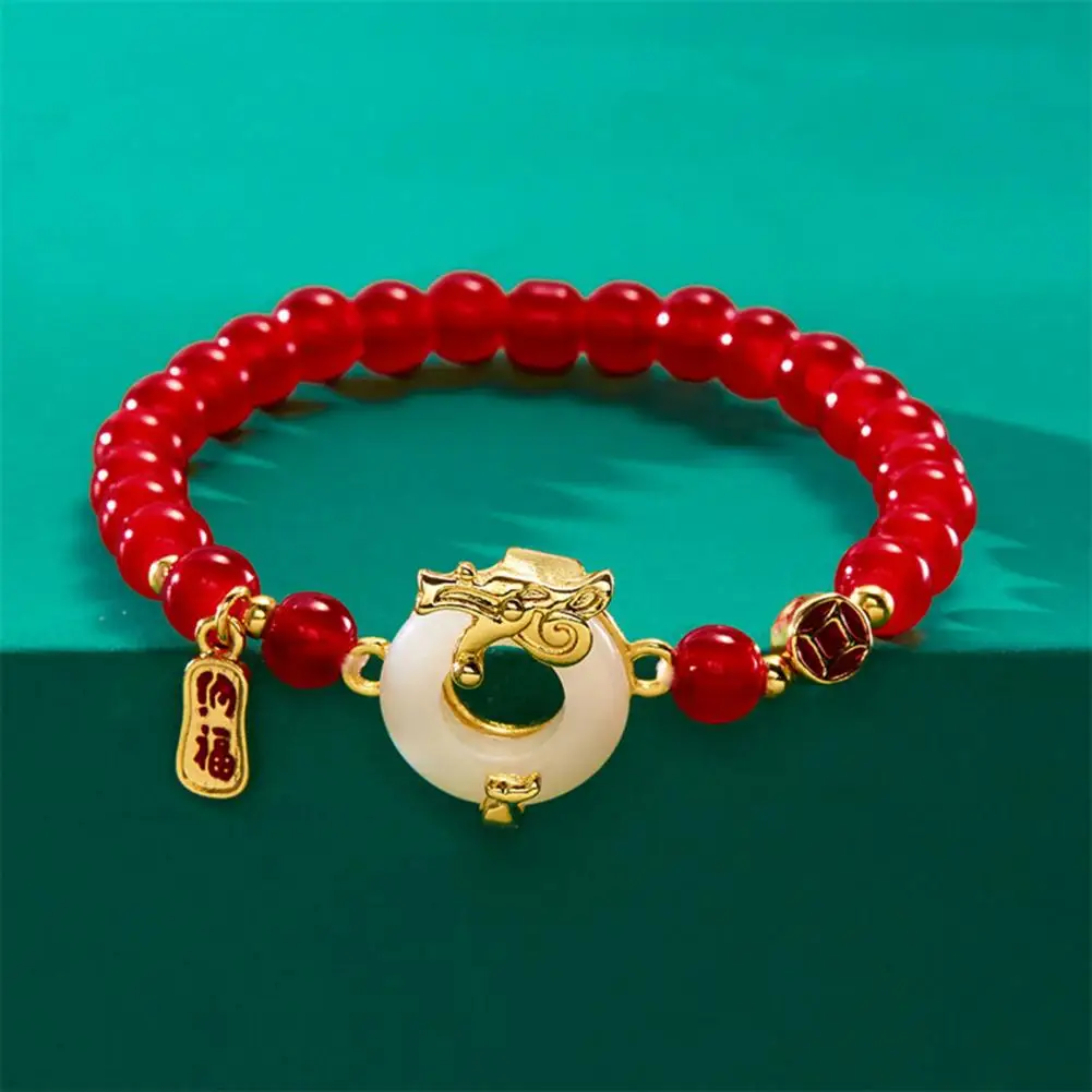 Lucky Dragon Bracelet Chinese Dragon Bracelet 2024 Zodiac Feng Shui Lucky Amulet Stretchy Beads Pendant New Year Gift for Women