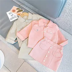 Childrens Sets Clothing Spring Autumn New Girl Cowboy Children Loose Coat Baby Skirt Two Pieces Simple 2024 Turn Down Collar