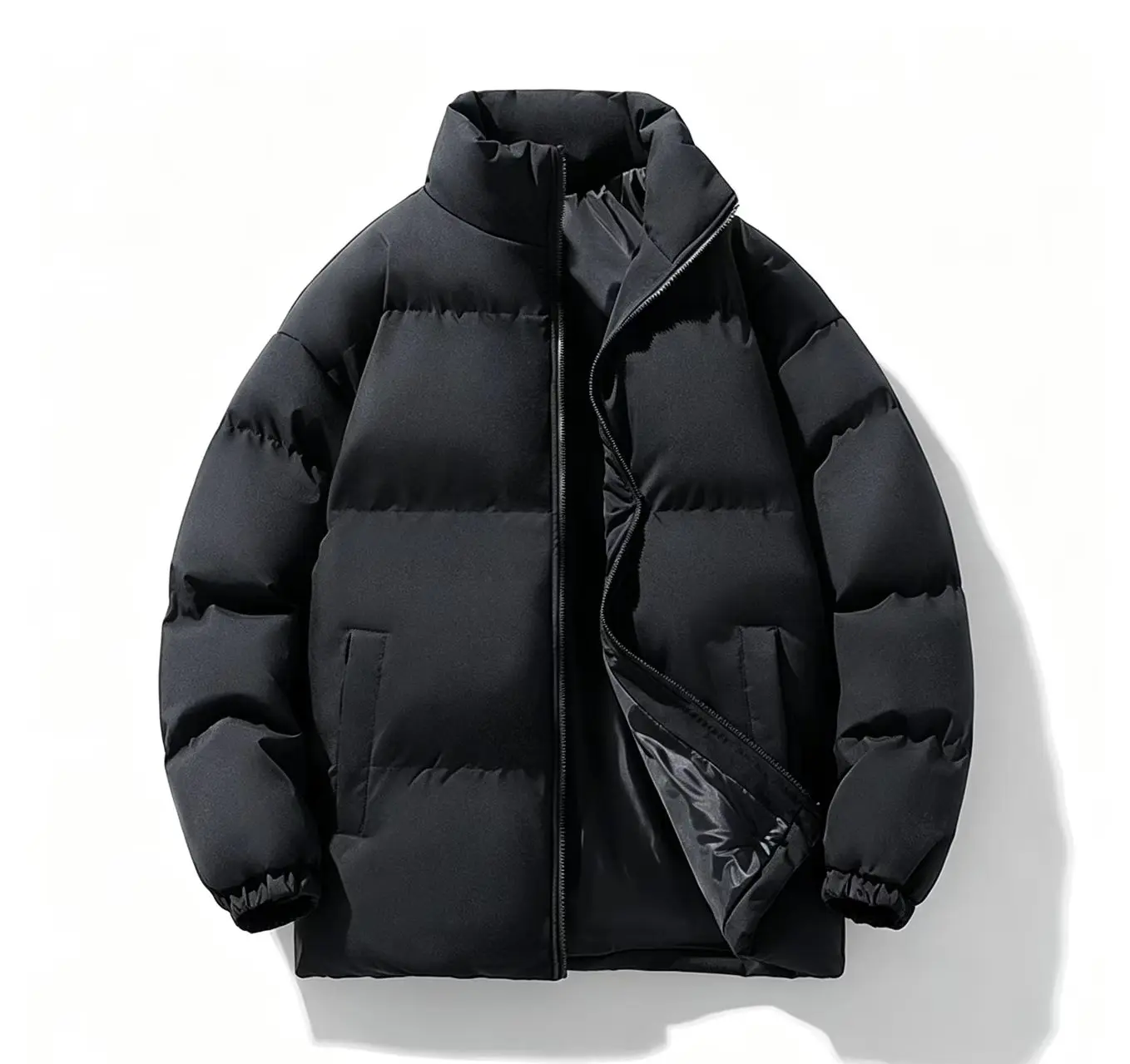 Men's Korean Style Fleece Lined Stand Collar Padded Jacket  Thick Warm Winter Solid Color Zip Up Casual Outerwear