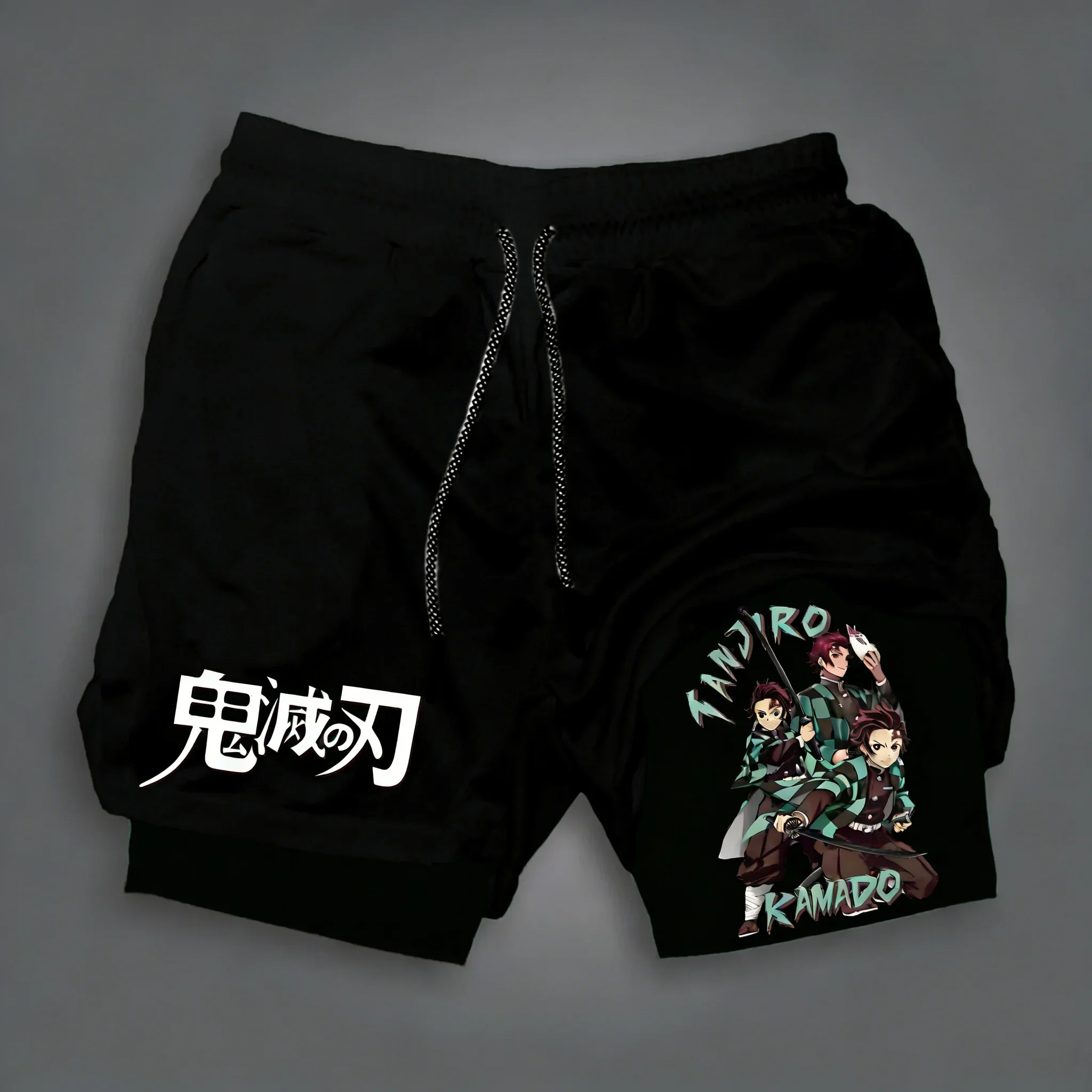 2026 Demon Slayer Anime 2-in-1 Shorts 2026 Summer New Tanjiro Printed Sports Fitness Breathable Quick Drying Double Layer Shorts