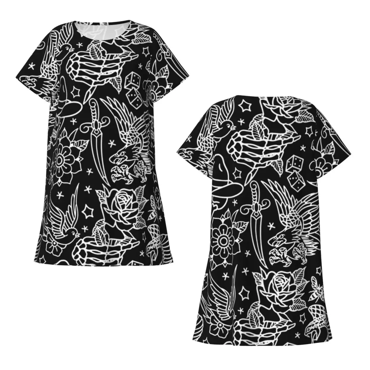 Custom American Traditional Tattoo Flash Print Short Sleeves Nightdress For Sleeping Women Short Sleeve Nightgowns Pajama Dress