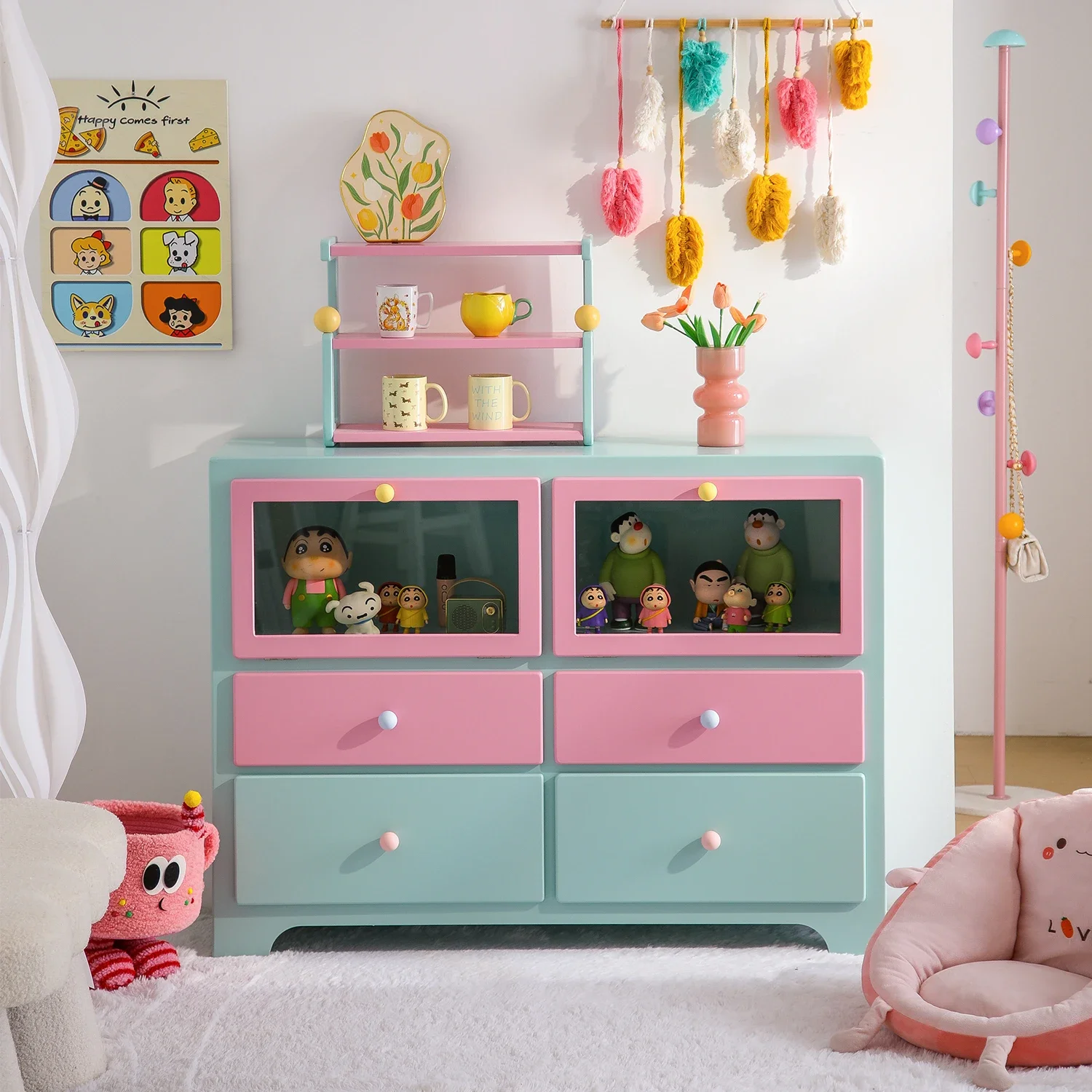 

1-*Cream wind dopamine meal side storage locker bedroom solid wood drawer bedside cabinet multi-color