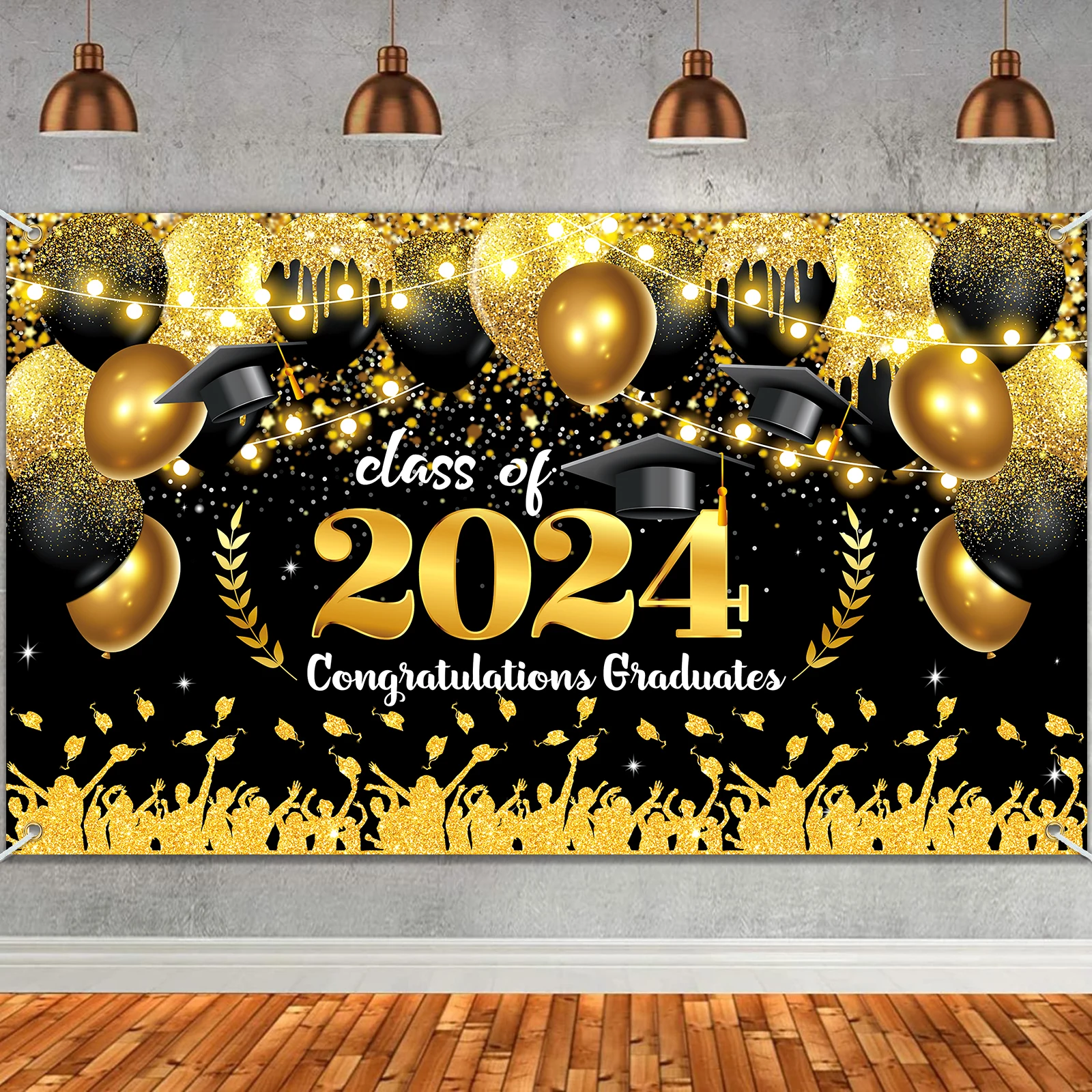 Class 2024 for Congrats Grad Banner Backdrop Decor Set for Graduation Party Supplies Black and Gold Graduation Banner.