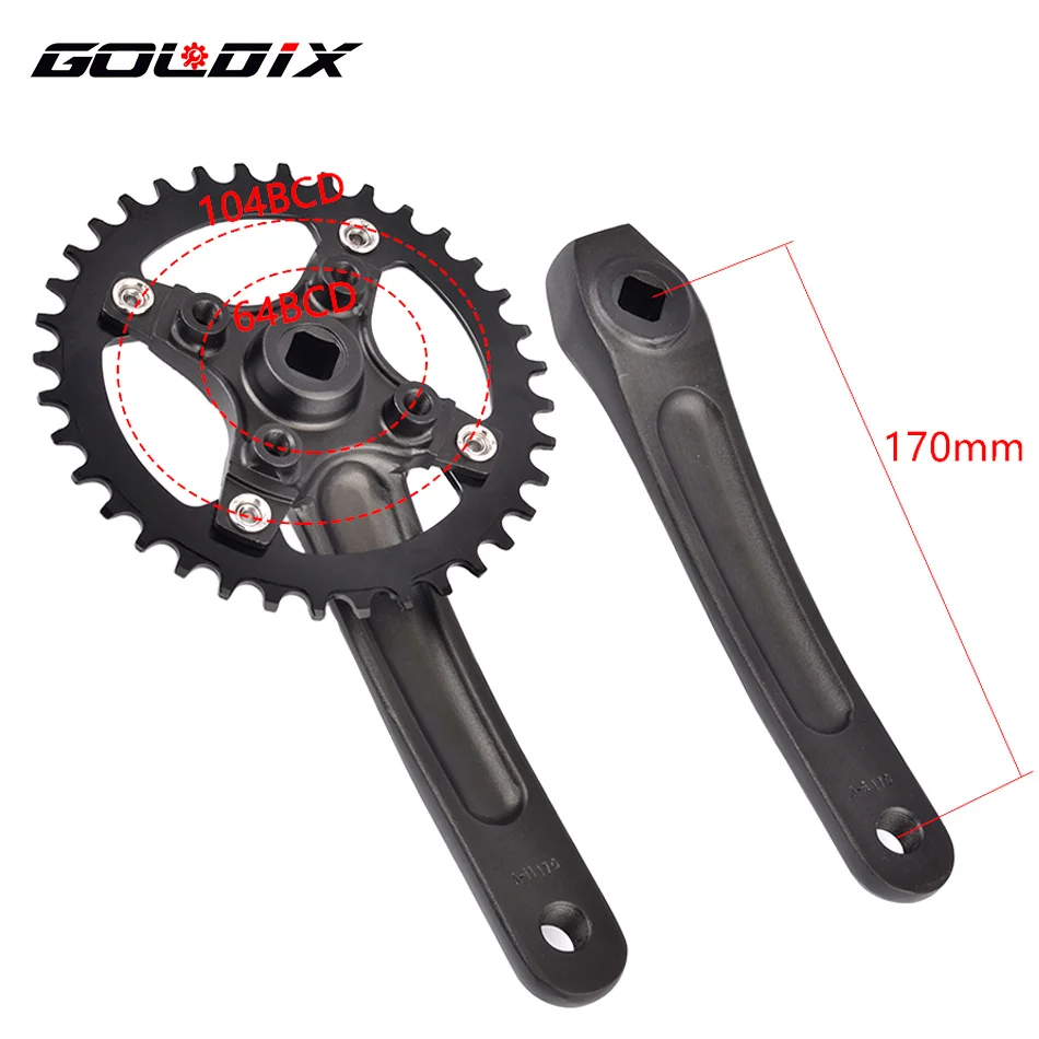 GOLDIX RIRO Bicycle Crankset 104BCD Mountain Bike Square Hole Crank Aluminum Alloy Crank 170/175mm Black 32T 34T 36T 38T 40T 42T