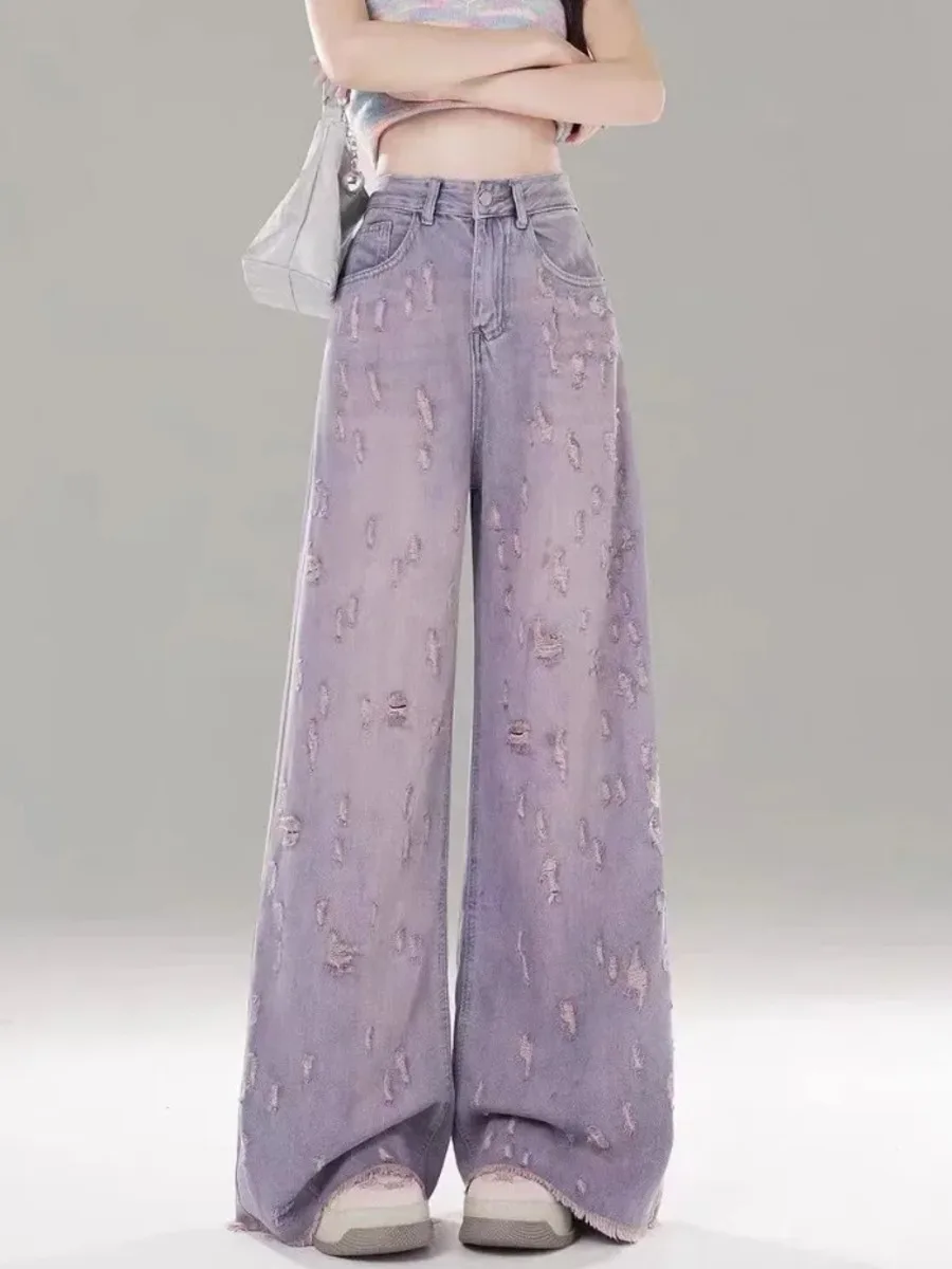 Chic Purple Women Casual Style Elegant Jeans Vintage Worn Out Loose Washed Pants Y2K Wide Leg Punk Baggy Denim Trousers