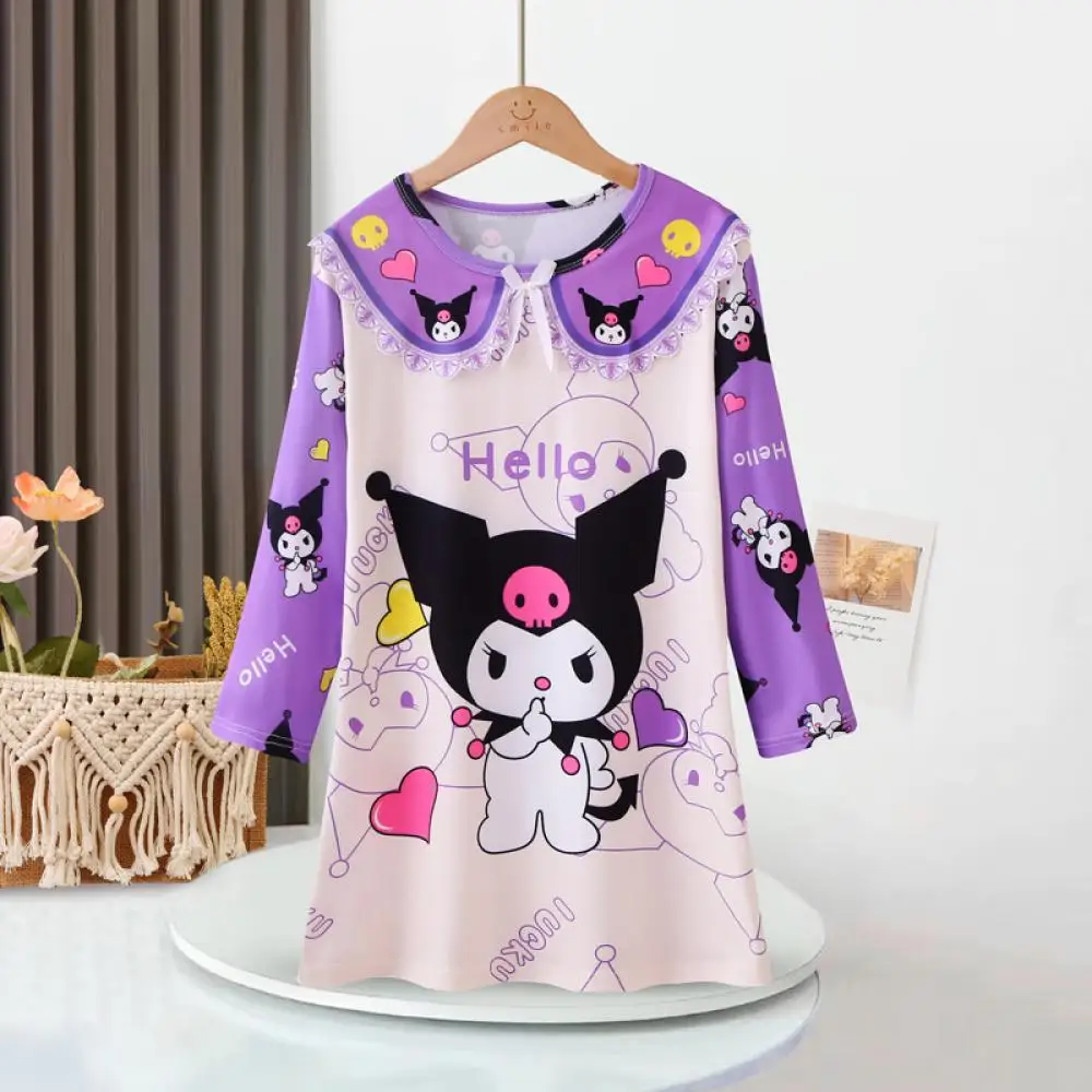 Kuromi Hello Kitty Girls' Pajama Dress My Melody Cinnamoroll Sanrio Kawaii Cartoon Kids Long Sleeved Pijamas Korean Home Clothes