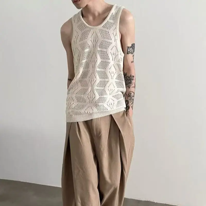 

Summer Vacation Vintage Hollow Knitted Vest Layered Sleeveless Top T-shirt for Men