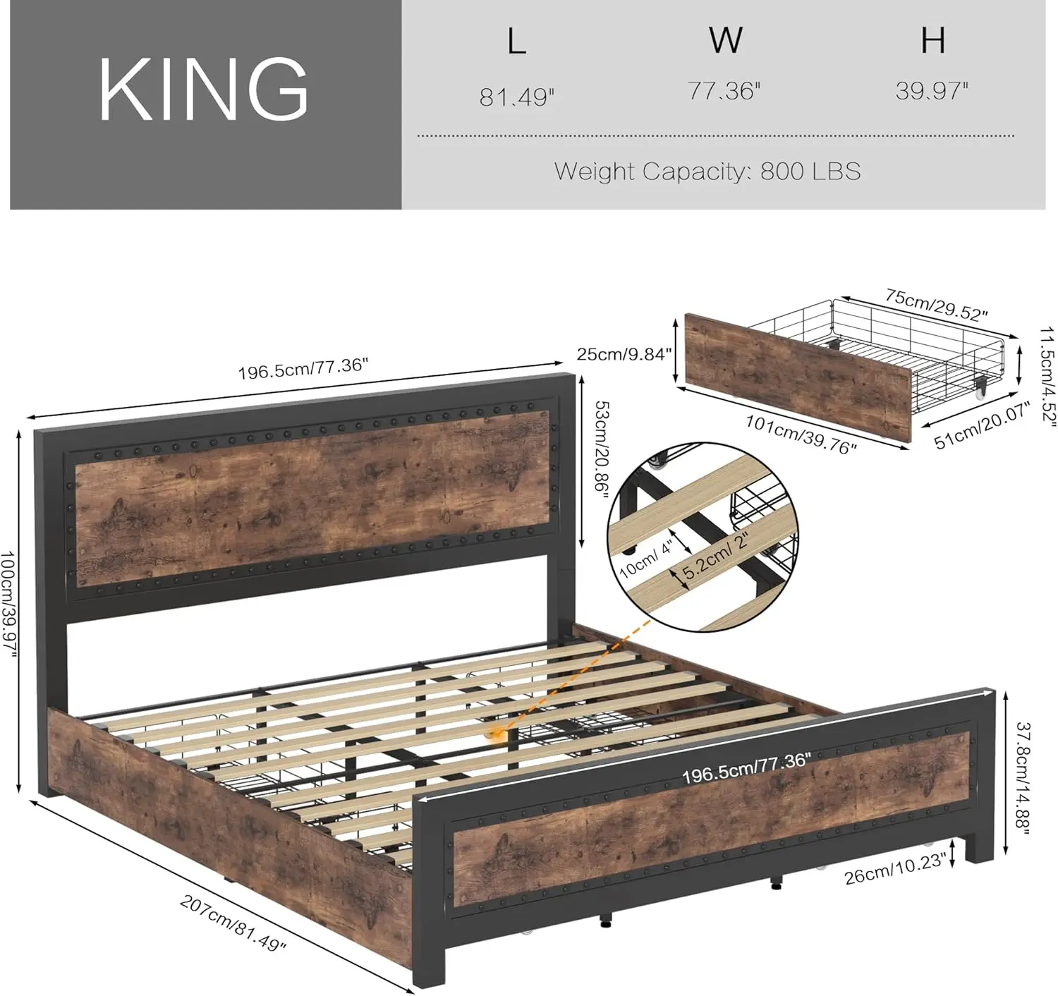 NEW King Metal Wood Bed Frame with 4 Storage Drawers, Rivet Modern Headboard and Footboard Platform, No Box Spring Needed