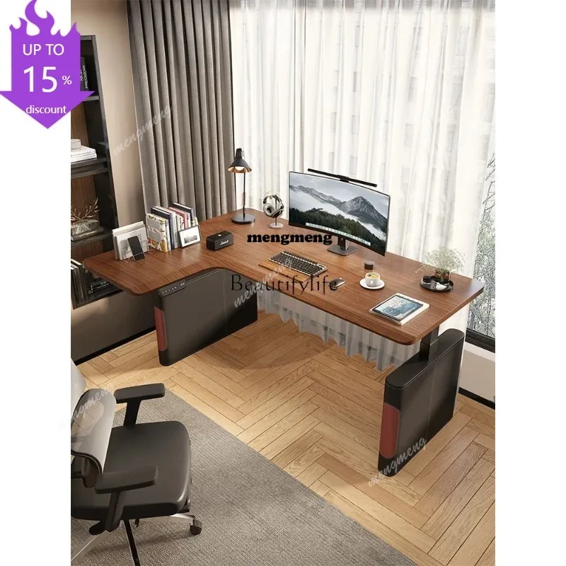 ss 8350 Corner Solid Wood Electric Lifting Desk Corner Computer Desk Saddle Leather Black Walnut Color Desk