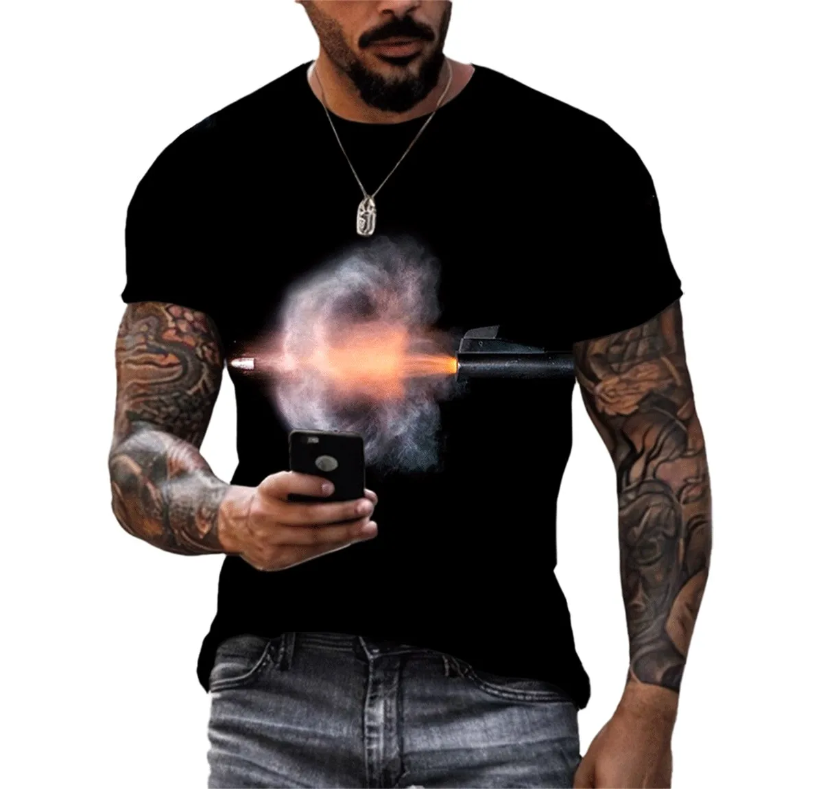 New Creative Summer Men\'s T-shirt Bullet Pattern 3d Printed Tough Guy Style T-shirt Personality Retro O-neck Quick-drying Top