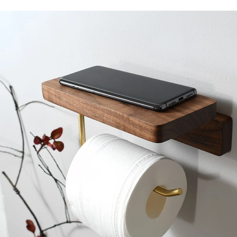 Wooden Tissue Holder Punch-free Toilet Roll Mobile Phone Vase Shelf Box Modern Simplicity Home Bathroom Wall