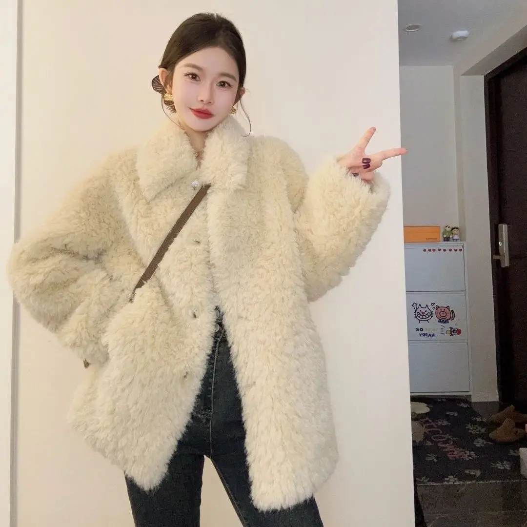 Abrigo de invierno para mujer, chaqueta de piel de cordero de piel de oveja sintética, Tops gruesos y cálidos de felpa informales a la moda, prendas de vestir exteriores elegantes 2024