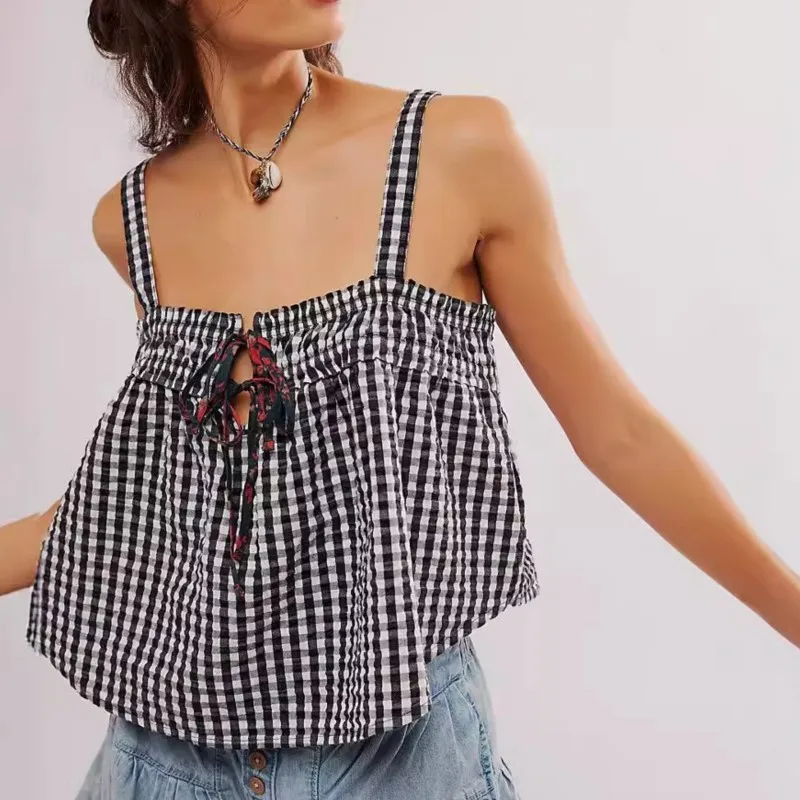 

Fashion Plaid Contrast Color Stitching Camis Sexy Backless Sleeveless Loose Tank Top Women Summer Pleated High Street Crop Top