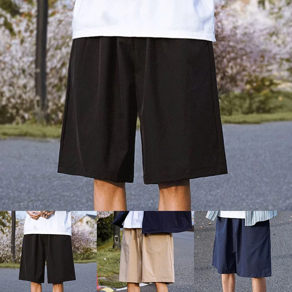 Casual Outings Khaki Mens Thin Pants Loose Fit Casual Shorts Pants Streetwear Medium Waist Design Polyester Fabric