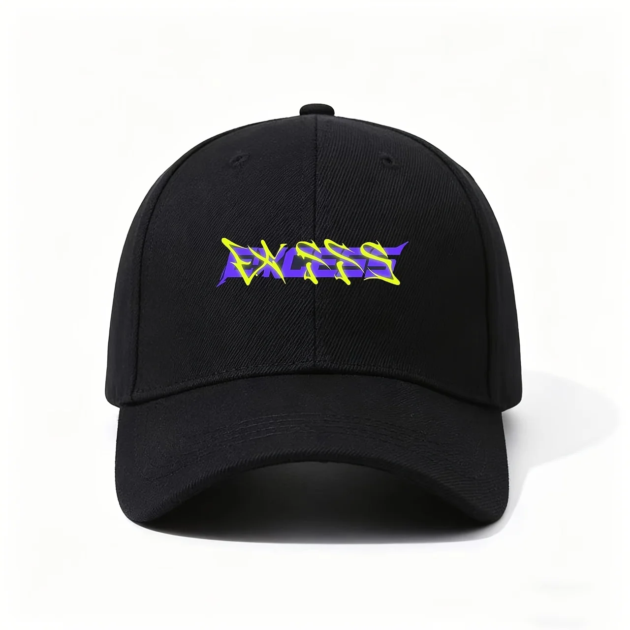 Baseball Cap, Constructed from Premium Fabric with Structured Crown, Displays a Neon-Style EXCESS Graphic in Purple And Yellow,