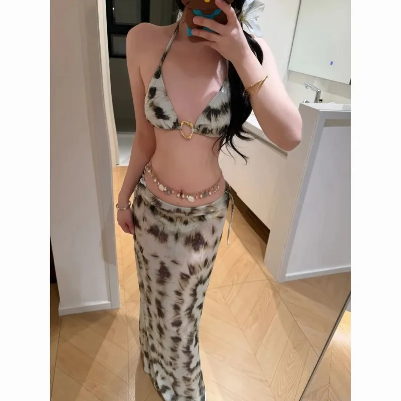 Tie Dye Leopard Women Three Piece Bikini Set Halter Swimsuit Long Wrap Skirt For Beach Island Vacation