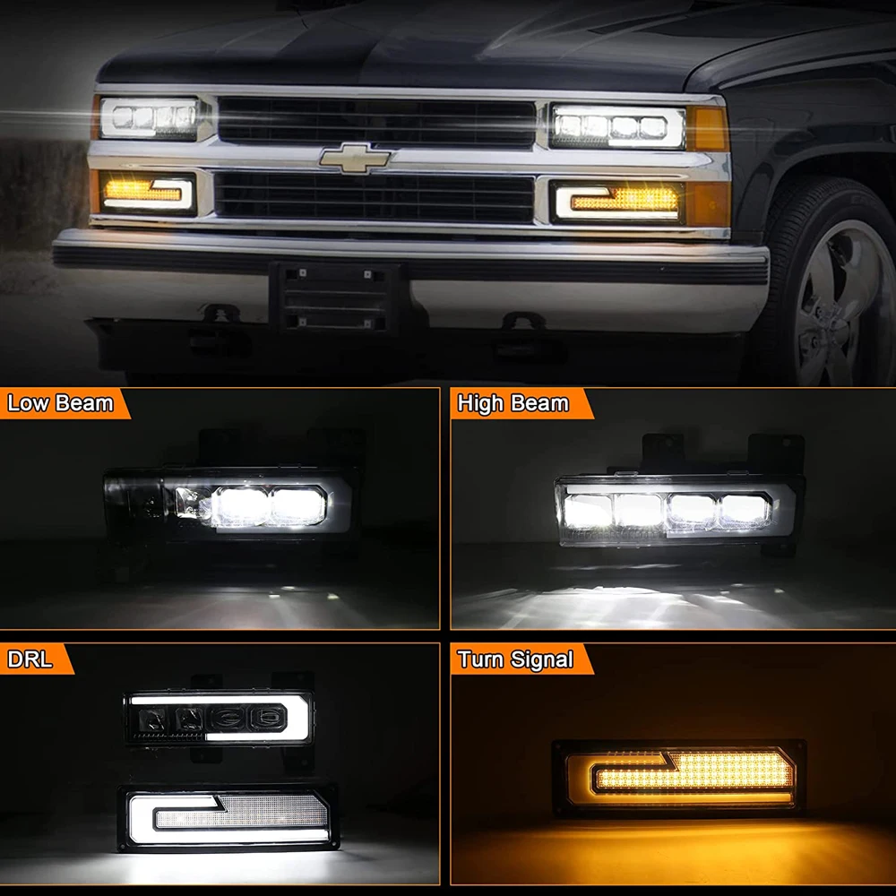 White LED Headlight with Welcome DRL Turn Signal 1Set Fit 1988-1998 Chevy GMC C/K 1500 2500 3500 Suburban Silverado Tahoe Yukon