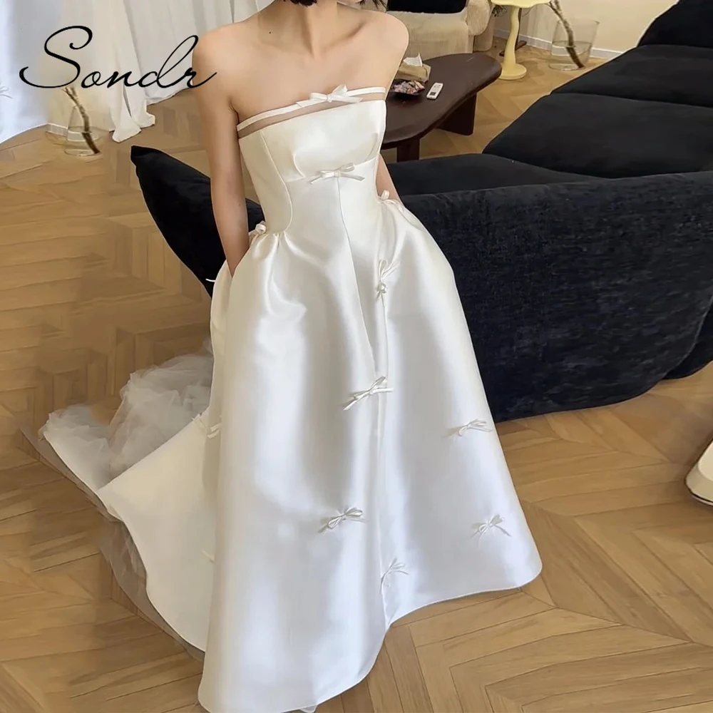 Eleganckie suknie ślubne koreańskie bez ramiączek Sondr, z kokardą, z jedwabnej satyny, gorsetowe, szyte na miarę suknie wieczorowe na przyjęcie.