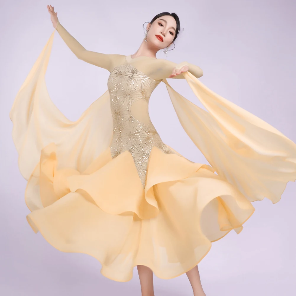 

Skin Color Ballroom Dance New Costume Showgirl Waltz Standard Competition Dress Black High Quality Purple Sparkling with Sequins