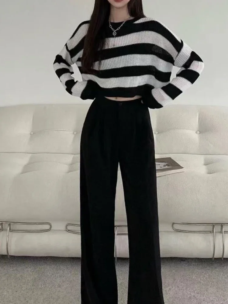 2023 New Korean Style Striped Cropped Sweater Women Vintage Oversize Knit Jumper Female Autumn Long Sleeve O-neck Pullovers Tops