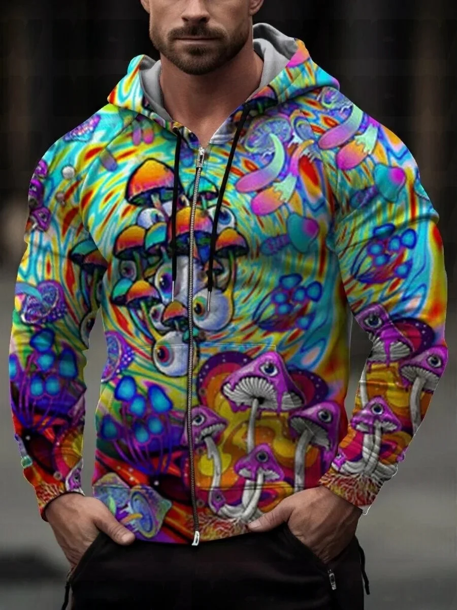 Men's Psychedelic Art Magic Mushroom Trippy Hippie Casual Print Leaf Zip-Up Hoodie Sweatshirt Roupas Masculinas