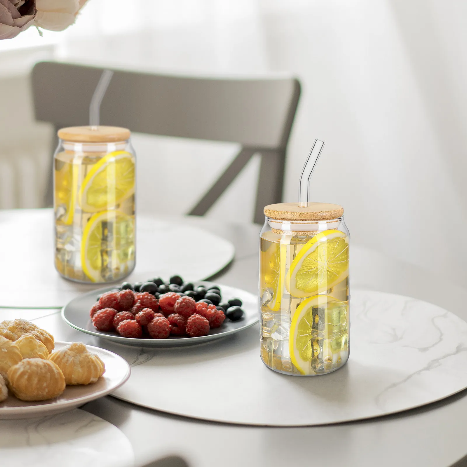 

2Pcs Transparent Glass Cup with Lid and Straw Cold Drink Bottle for Water Iced Tea Juice Milk Reusable Heatproof Drinking Mug