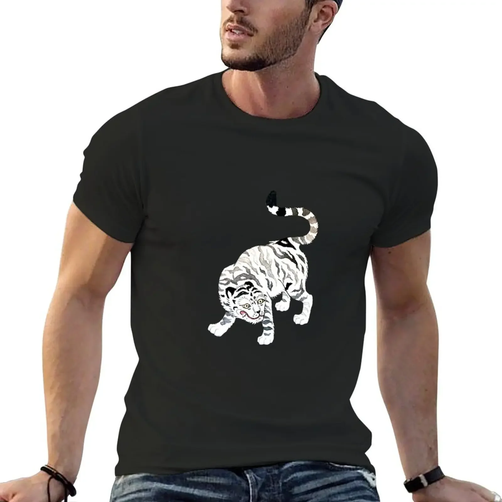 Korean White Tiger T-Shirt funnys kawaii clothes graphic tees for men