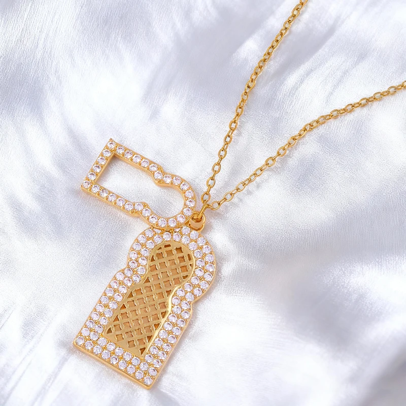 Stainless Steel Chain Arabic Arch Hollow Pendant Necklace Copper Inlaid Zircon Chain Women's Trendy Jewelry